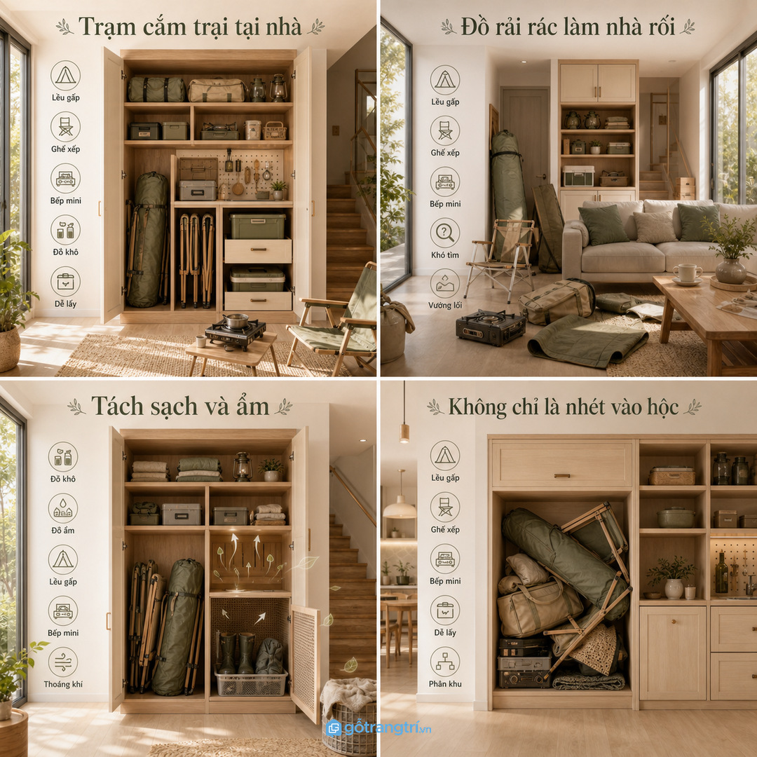 Lều, thảm và ghế xếp cần khoang khô, thoáng và không bị đè méo