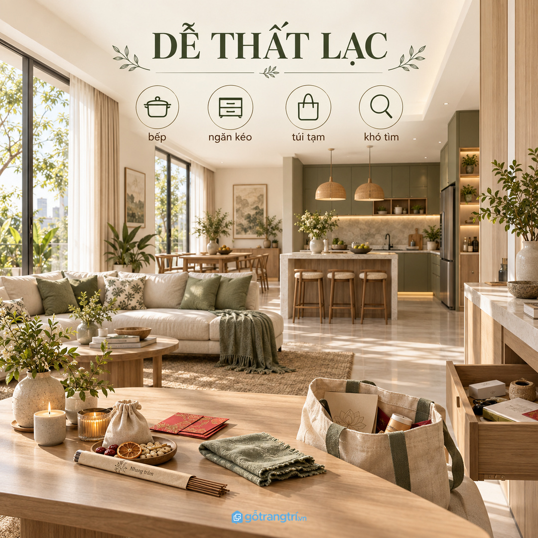 Đồ cúng theo tháng dễ lẫn trong bếp phòng khách và ngăn kéo tạm