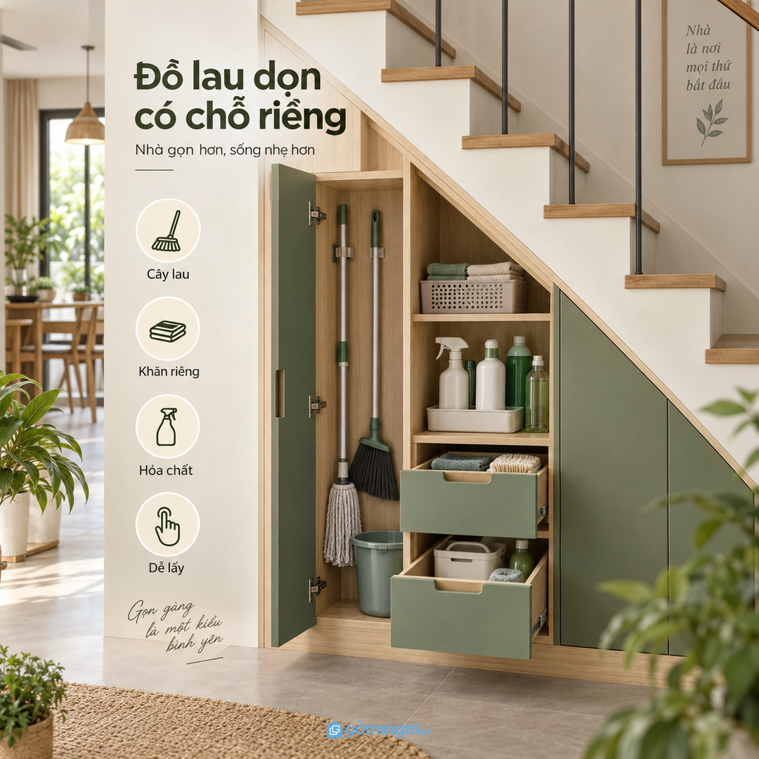 Cây lau khăn bẩn và chai tẩy rửa để sai chỗ làm nhà phố nhanh rối