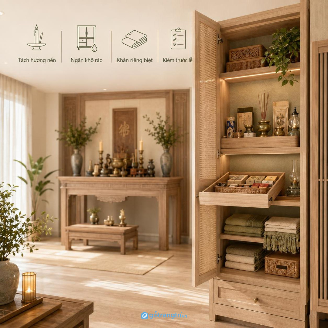 Phòng thờ riêng cần tủ đồ lễ kín đáo để giữ nếp trang nghiêm