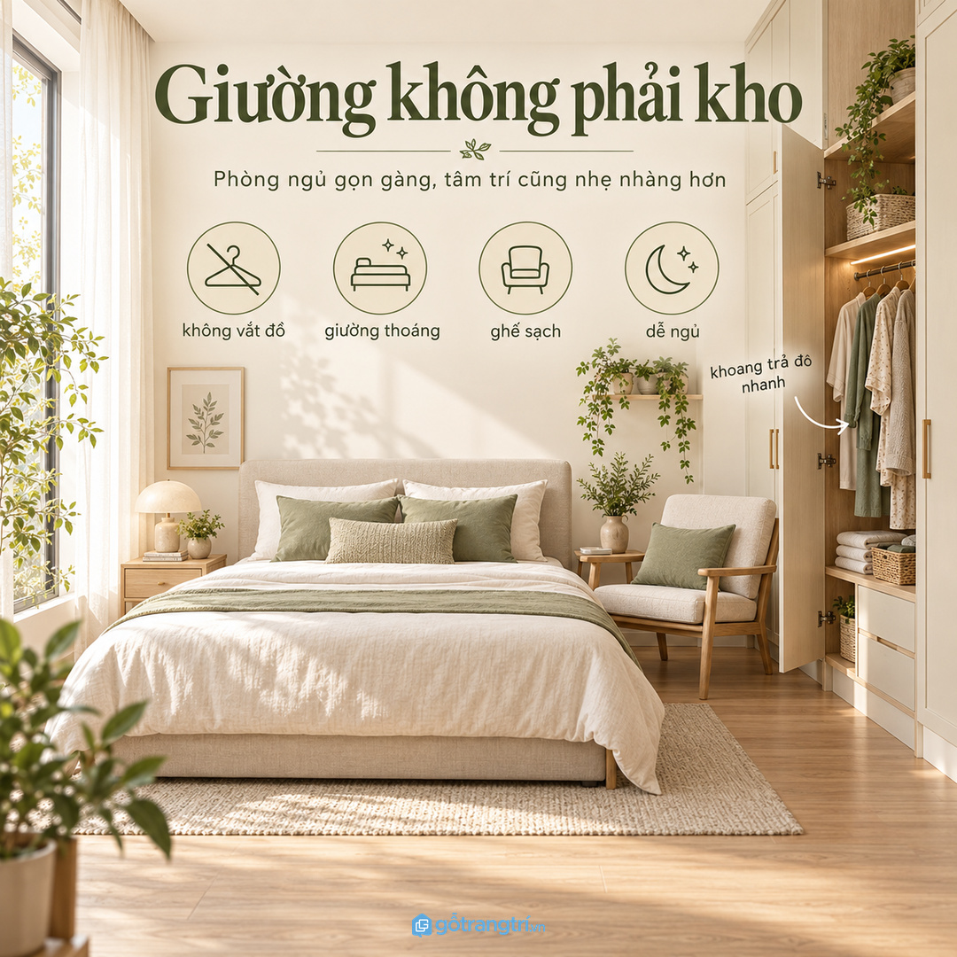 Giường không phải kho cất đồ mặc dở nên cần khoang trả đồ nhanh cạnh tủ áo
