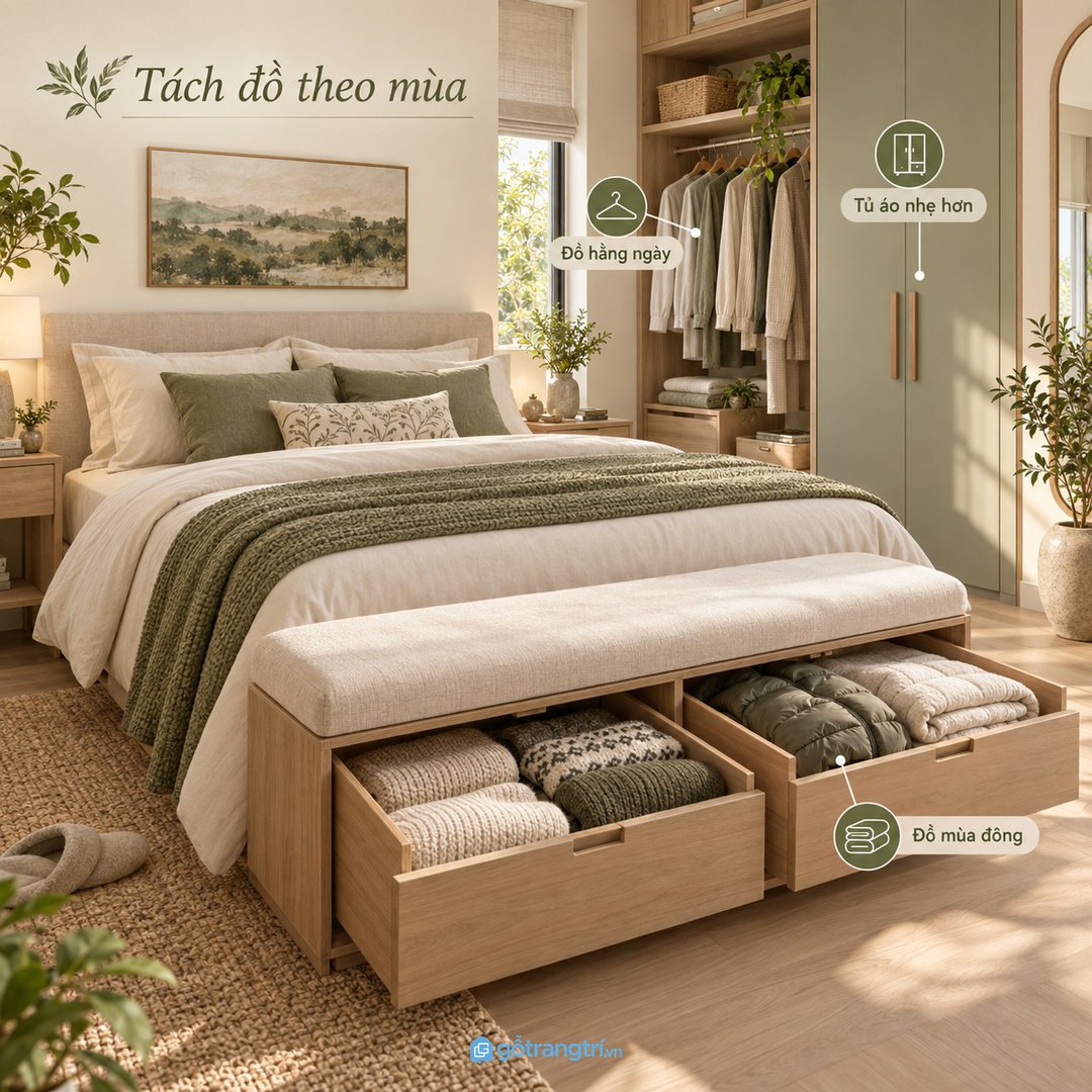 Chăn áo dày để rải nhiều nơi khiến phòng ngủ nhỏ nhanh chật và khó dọn