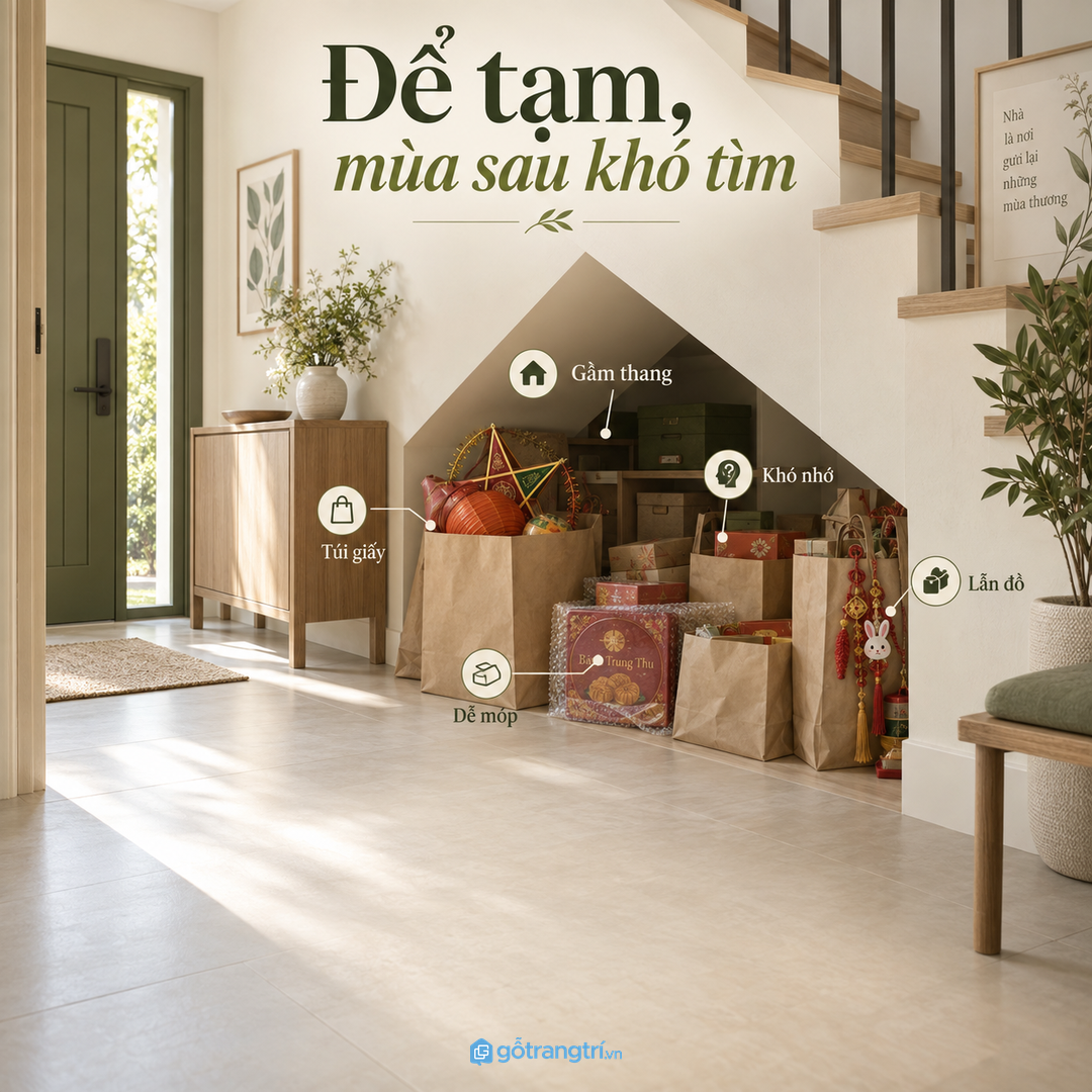 Đồ Trung thu để tạm trong túi giấy và gầm cầu thang khiến mùa sau rất khó tìm lại