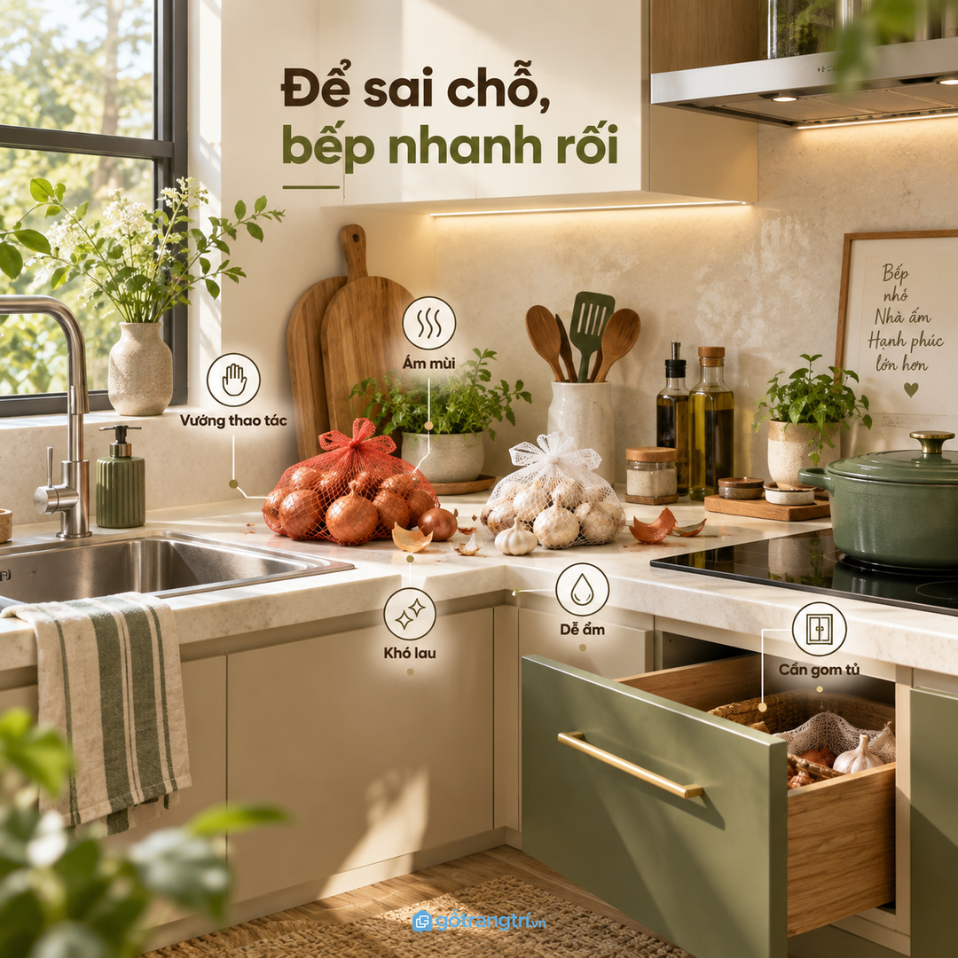 Hành tỏi để sai chỗ làm mặt bếp nhanh rối và khó lau sạch