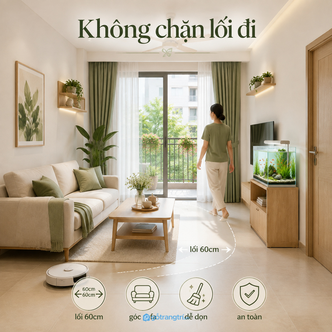Hồ cá đặt sai vị trí dễ chắn lối đi và làm phòng khách nhỏ bị bí