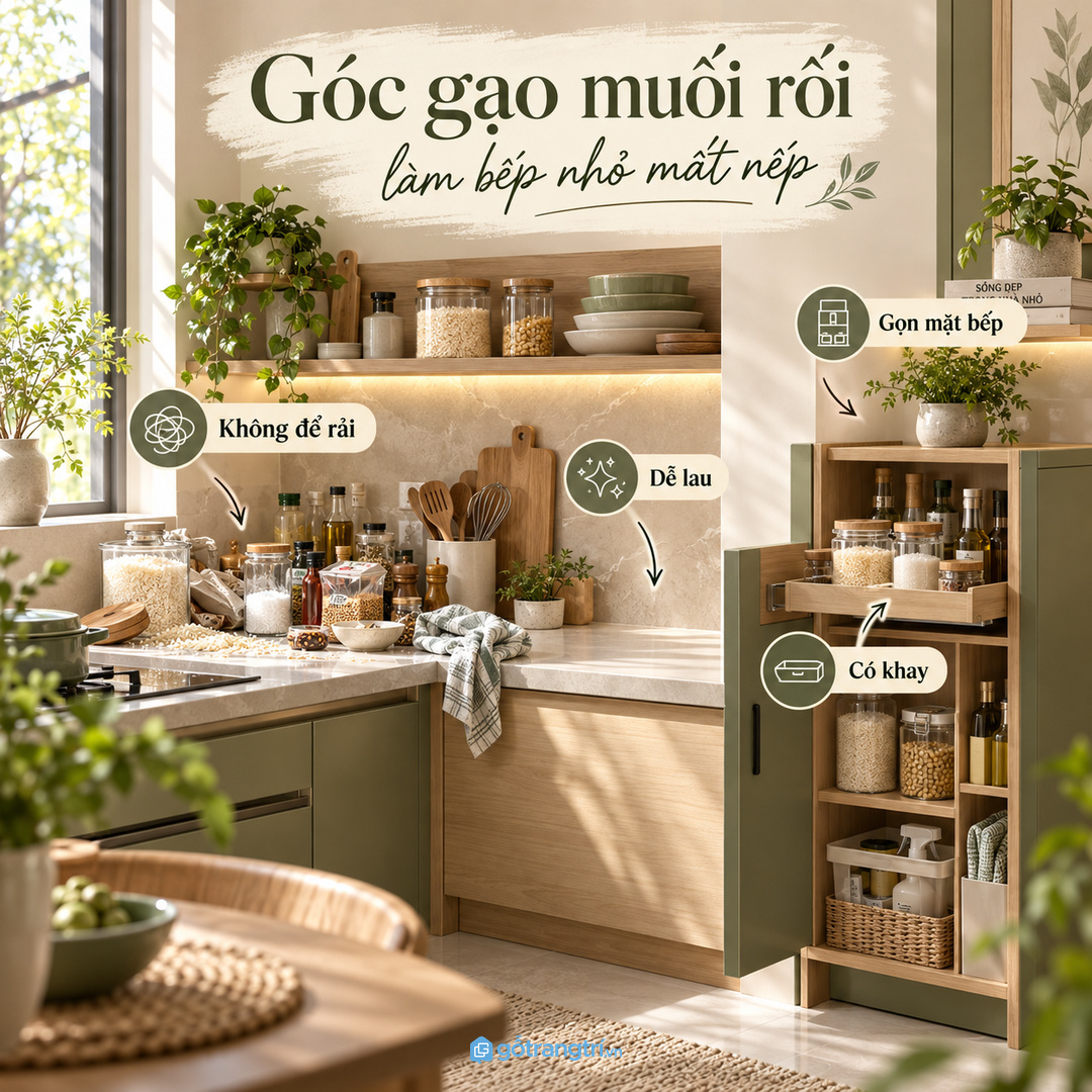 Góc gạo muối rối làm bếp nhỏ mất nếp và khó lau mỗi ngày
