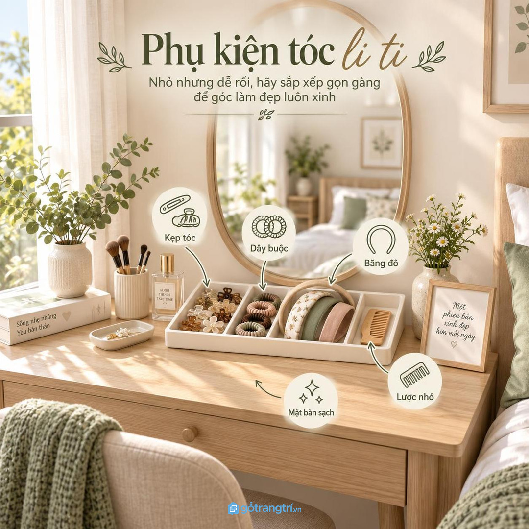 Bàn trang điểm nhỏ cần hộc riêng cho phụ kiện tóc li ti