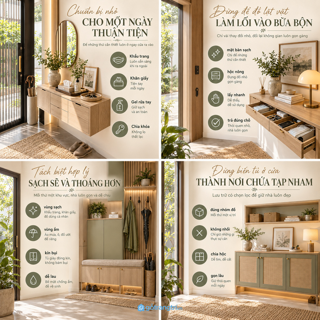 Đồ vệ sinh nhỏ đặt lẫn trên tủ giày làm lối vào nhanh rối