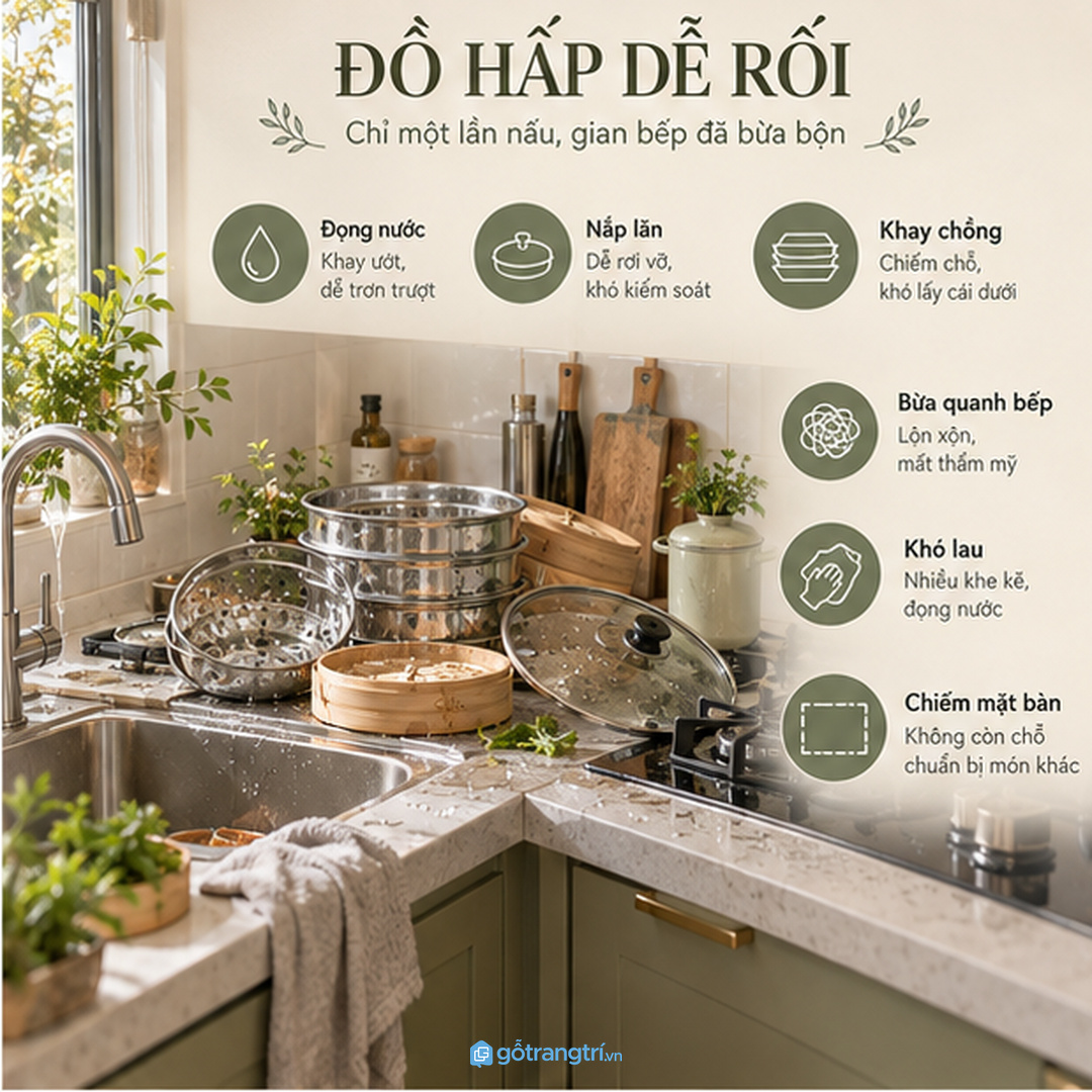 Đồ hấp để lẫn xoong nồi khiến bếp nhỏ nhanh rối và khó lấy khi cần nấu nhanh