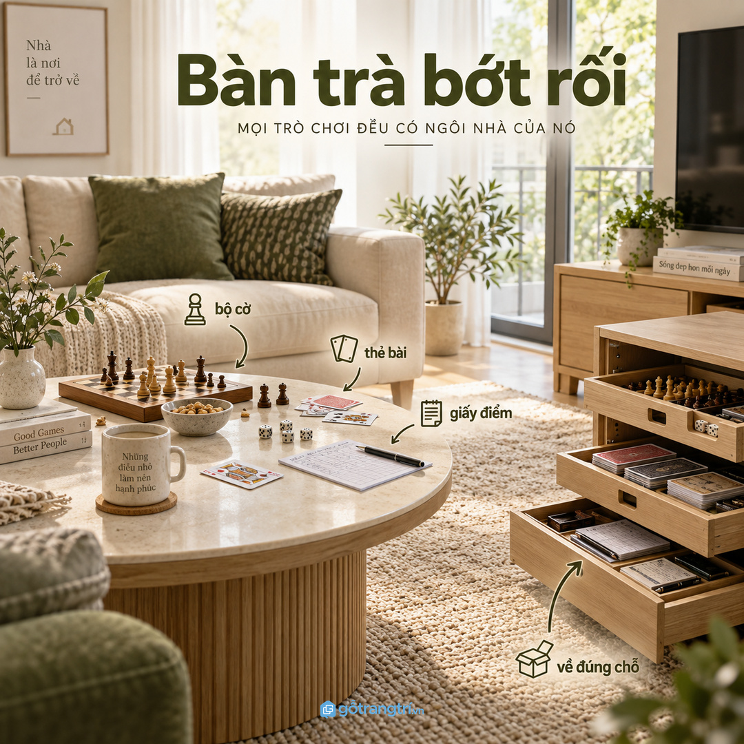 Đồ chơi nhỏ để sai chỗ làm bàn trà nhanh rối dù phòng khách không có nhiều đồ
