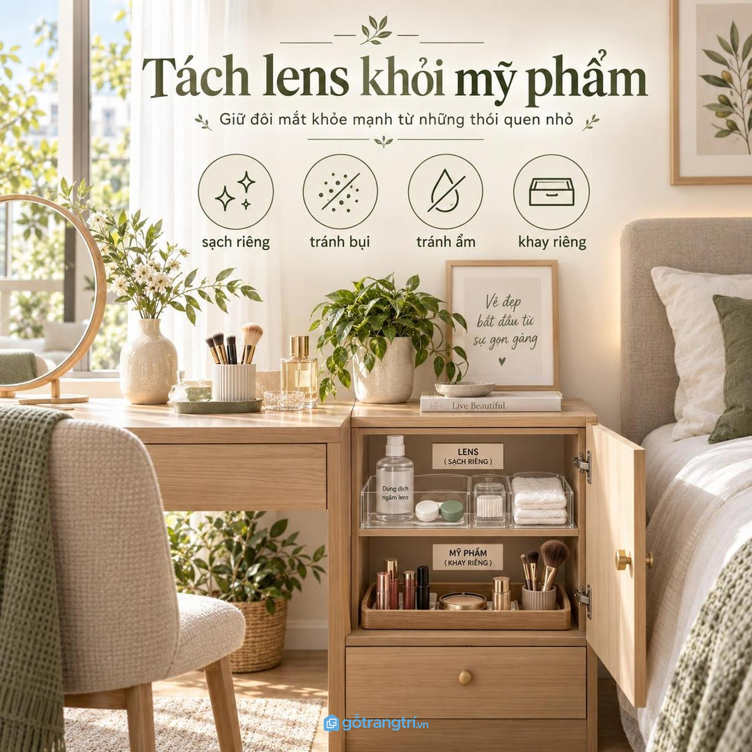 Lens và dung dịch để rải trên bàn trang điểm khiến góc chăm mắt nhanh rối