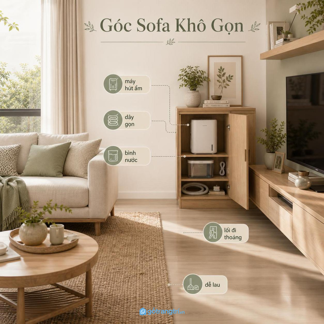 Độ ẩm âm thầm làm sofa, thảm và tường sau kệ nhanh xuống cấp
