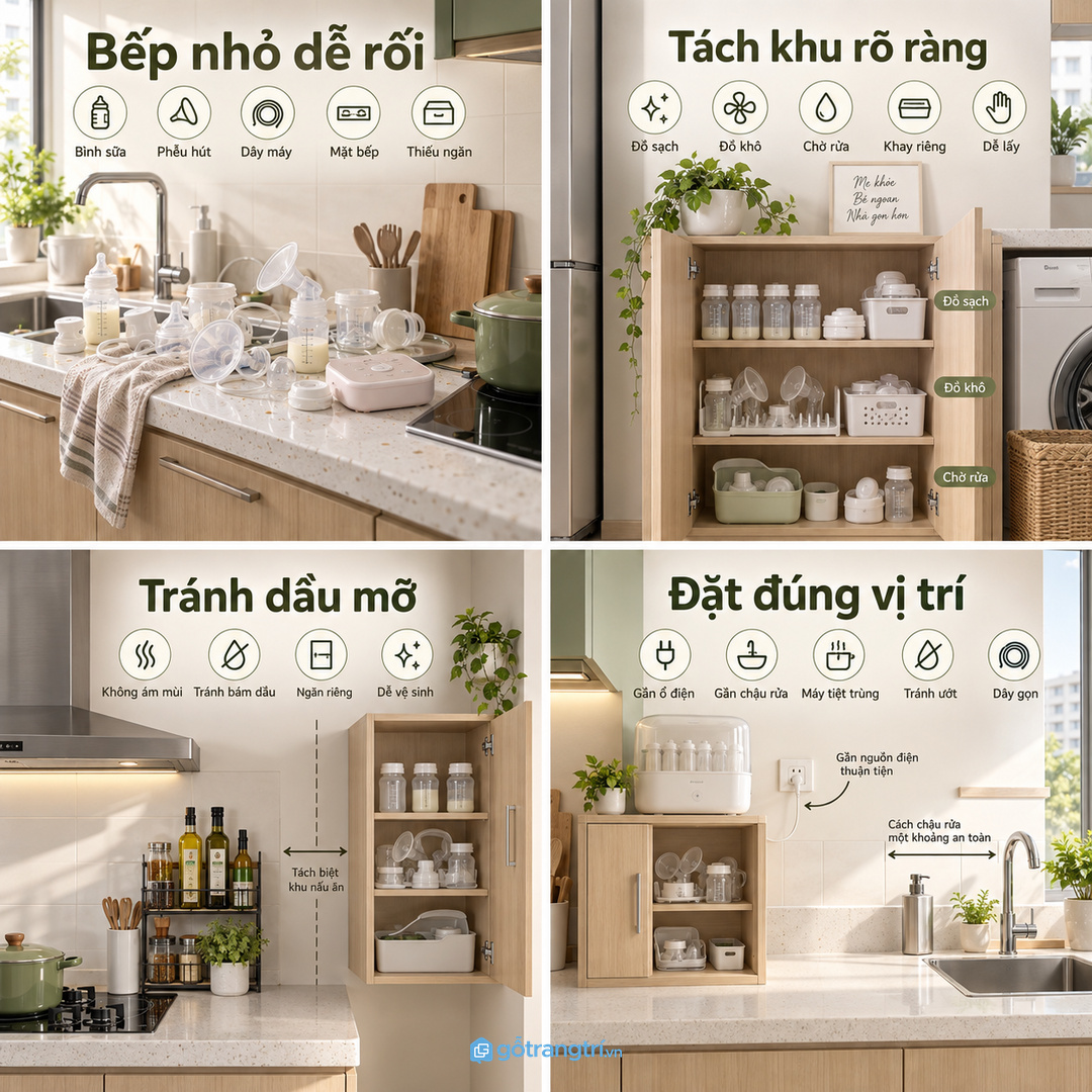 Bình sữa, phễu hút và dây máy để rải rác làm bếp căn hộ nhanh rối