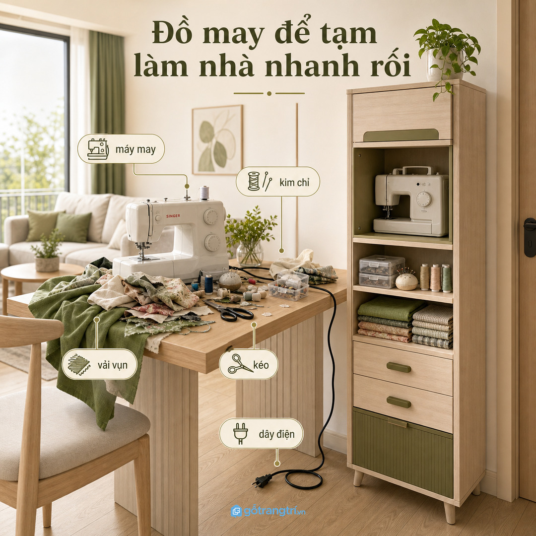 Đồ may để tạm trên bàn làm căn hộ nhanh rối và khó dọn