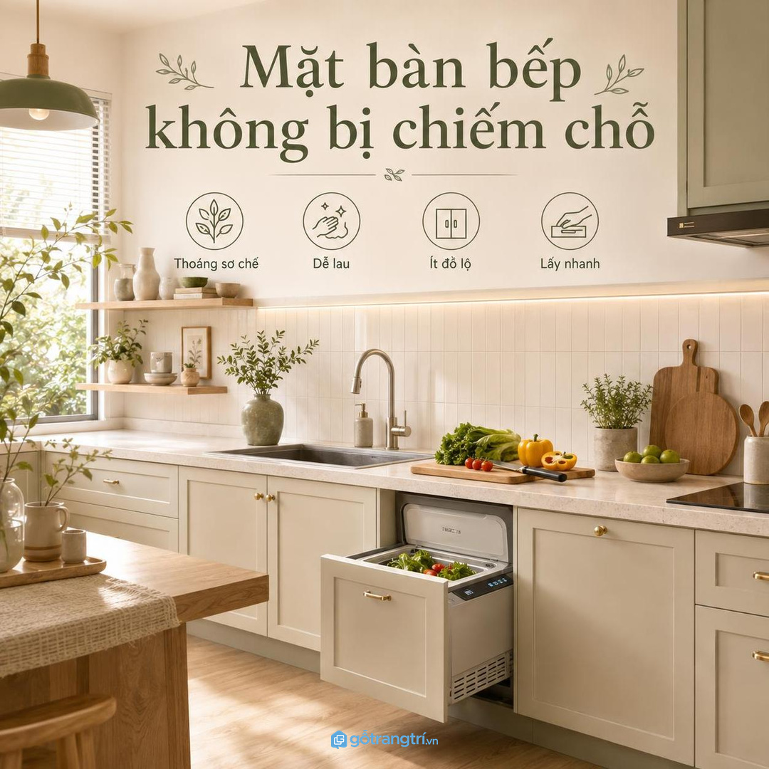 Mặt bàn bếp thoáng hơn khi máy rửa rau không phải nằm ngoài cả ngày