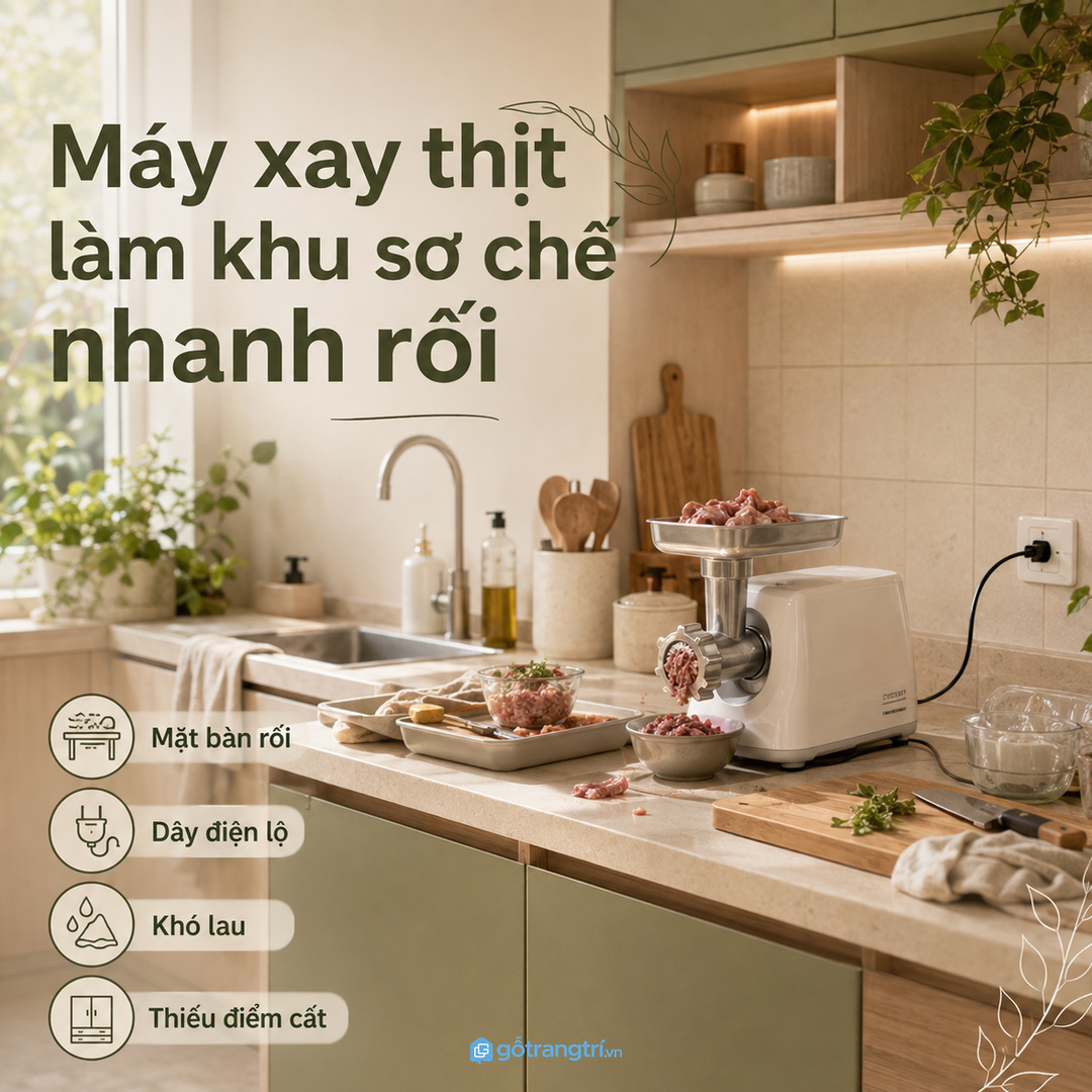 Máy xay thịt để trên mặt bếp làm khu sơ chế nhanh rối