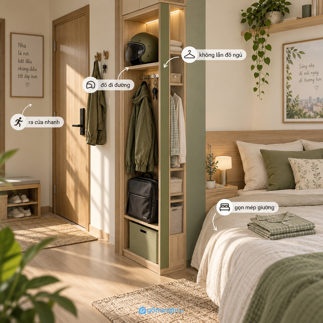 Góc thay đồ dễ rối khi mũ, áo khoác và chìa khóa không có chỗ cố định