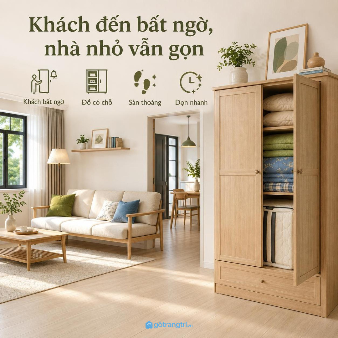 Khách đến bất ngờ cần tủ kín để nệm chăn gối có chỗ về và sàn vẫn thoáng