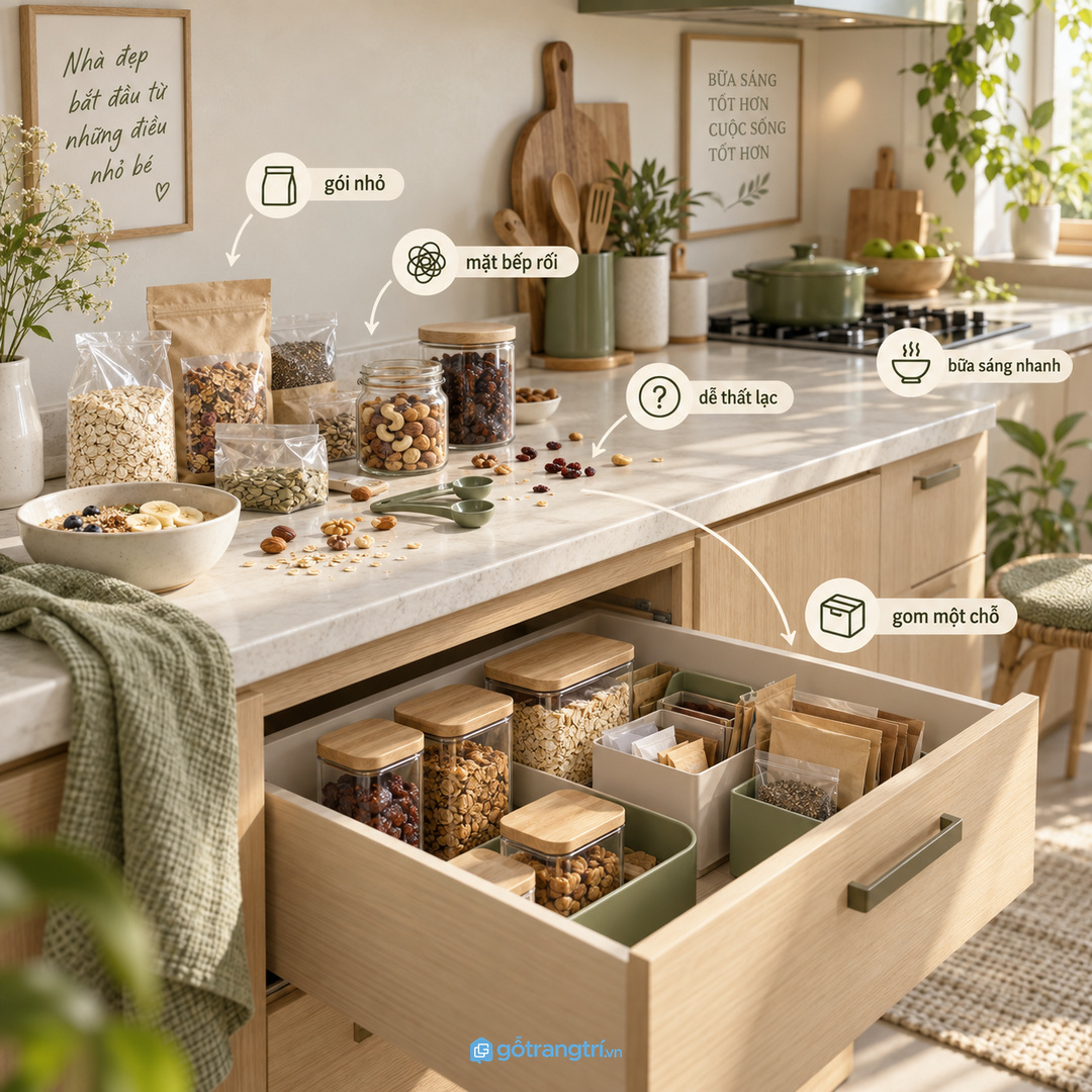 Gói nhỏ để sai chỗ khiến mặt bếp nhanh rối và bữa sáng mất nhiều bước