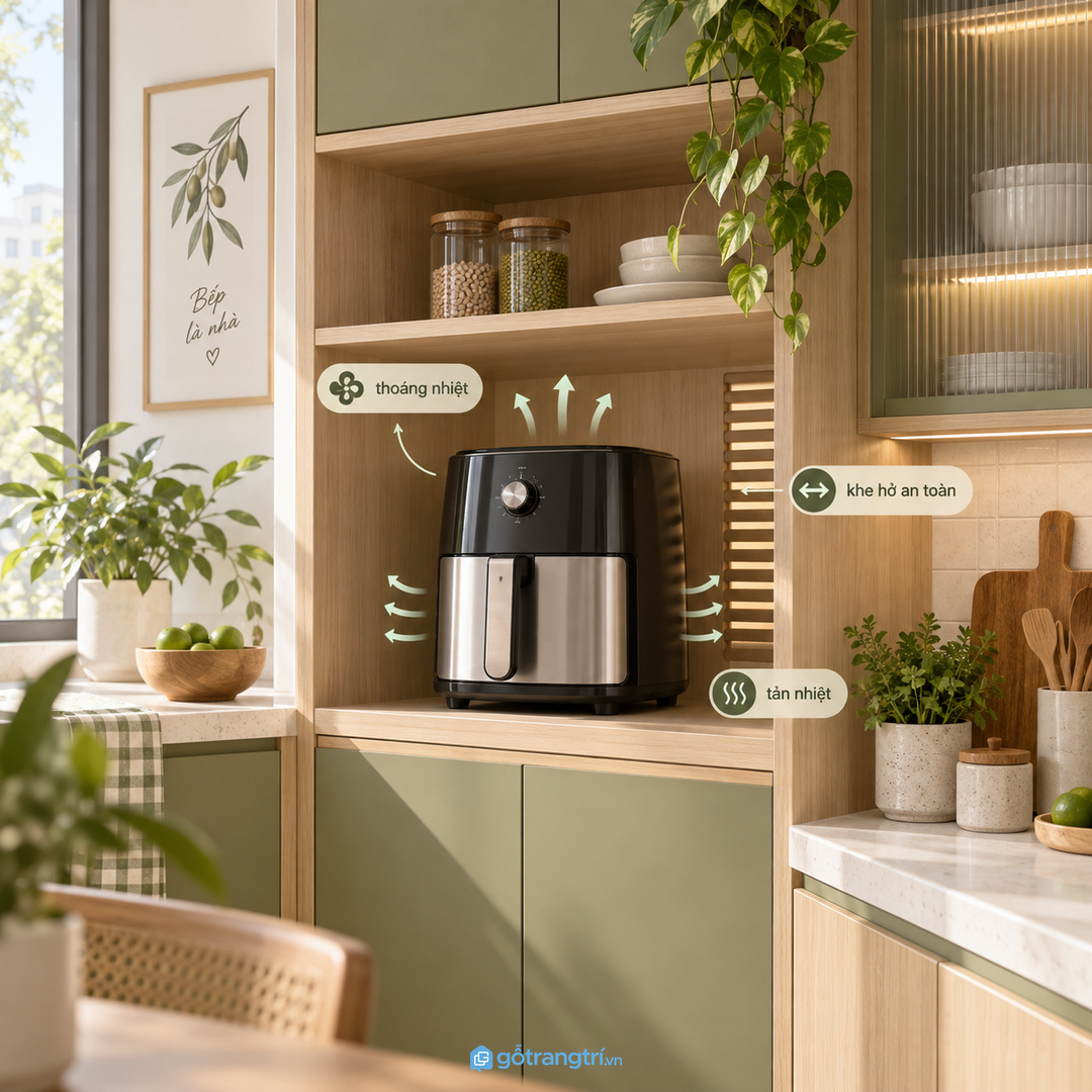 Nồi chiên để ngoài mặt bếp dễ chiếm chỗ, vướng dây và làm khu nấu nhanh rối