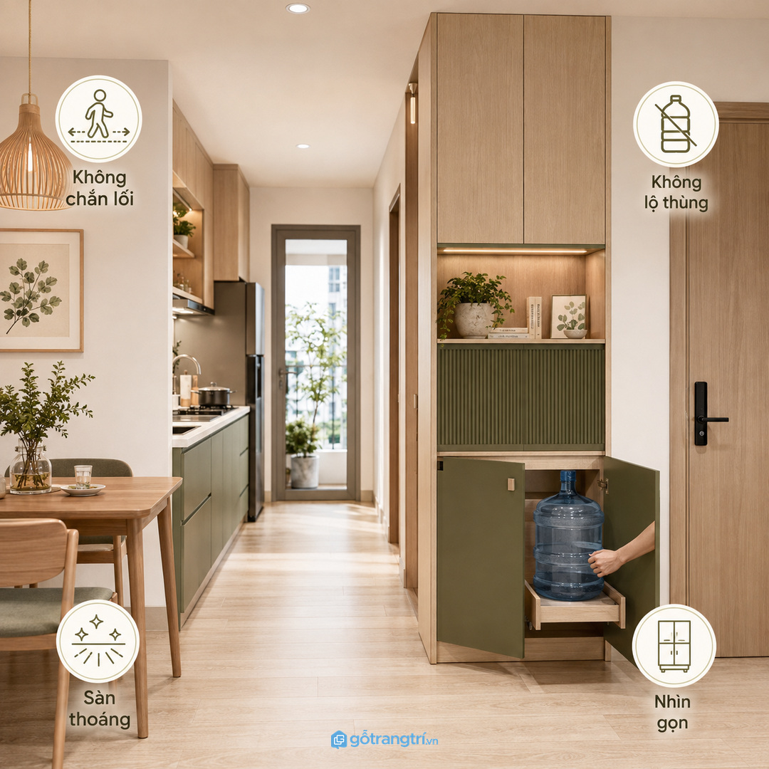 Thùng nước để dưới sàn làm lối bếp và khu ăn nhanh rối