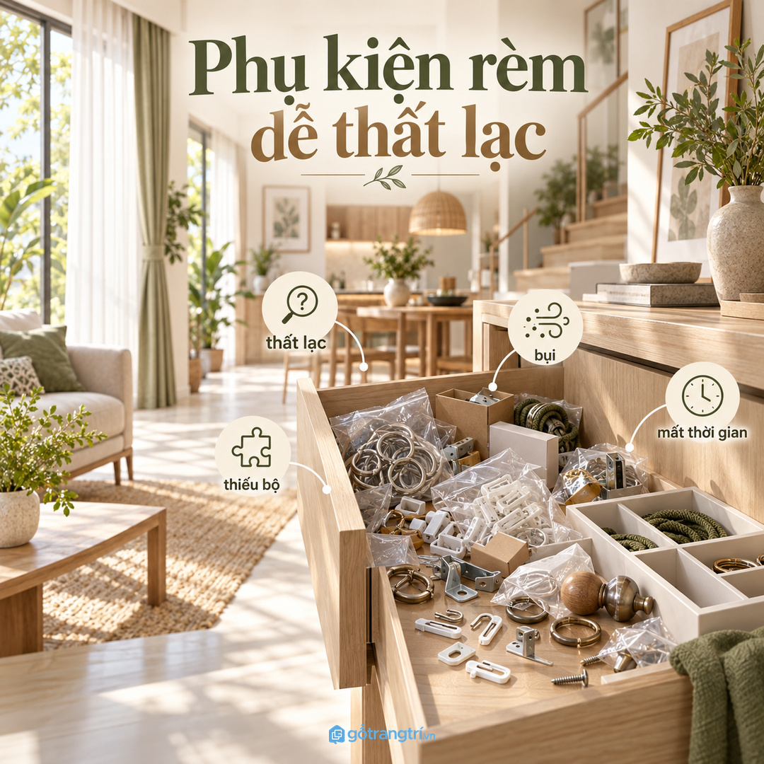 Phụ kiện rèm để lẫn trong ngăn kéo làm mỗi lần thay rèm mất thời gian tìm lại