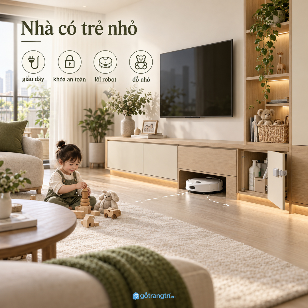 Dock sạc và dây điện để lộ dễ làm phòng khách nhỏ rối dù sàn đã được robot dọn sạch