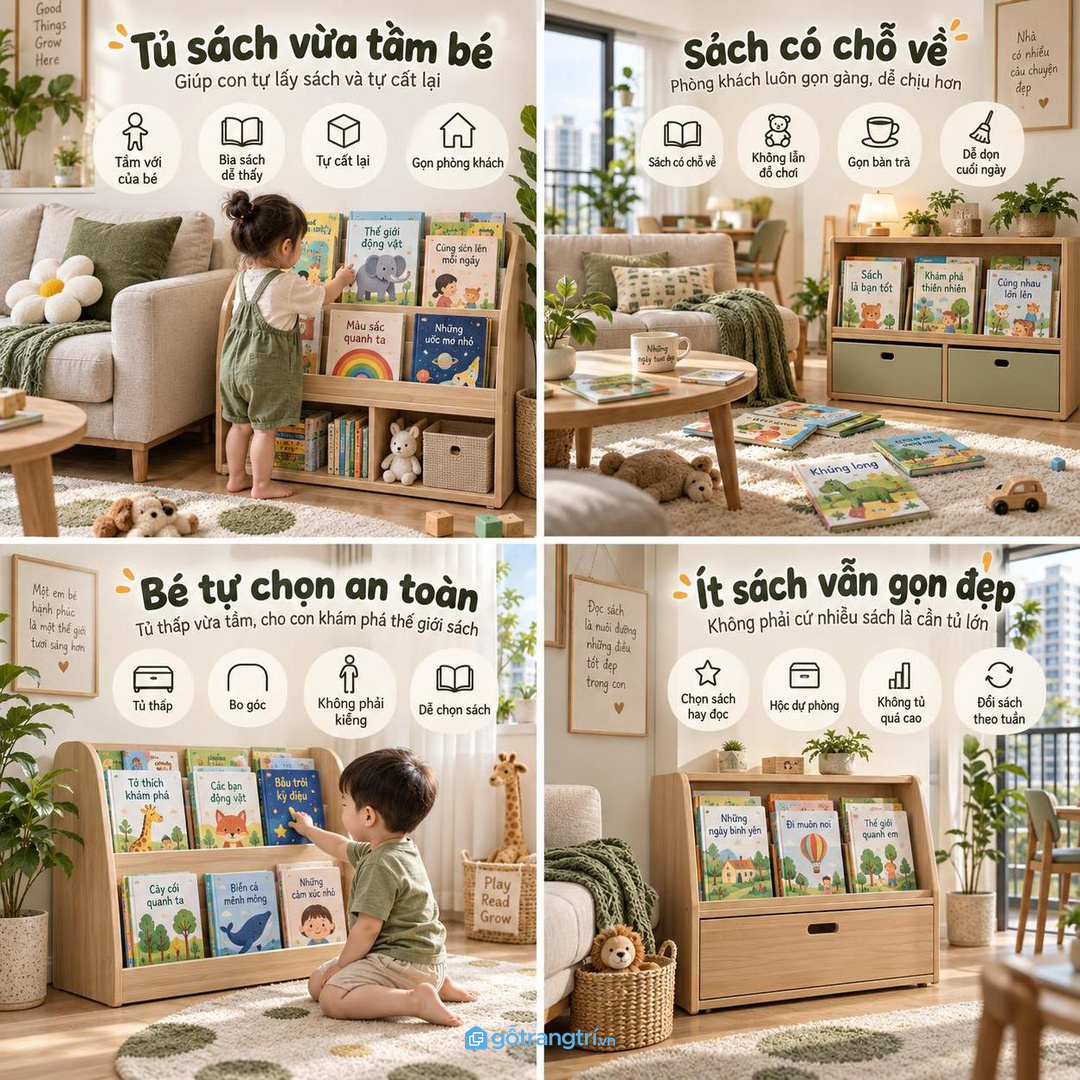 Sách tranh để rải rác làm phòng khách căn hộ nhanh rối