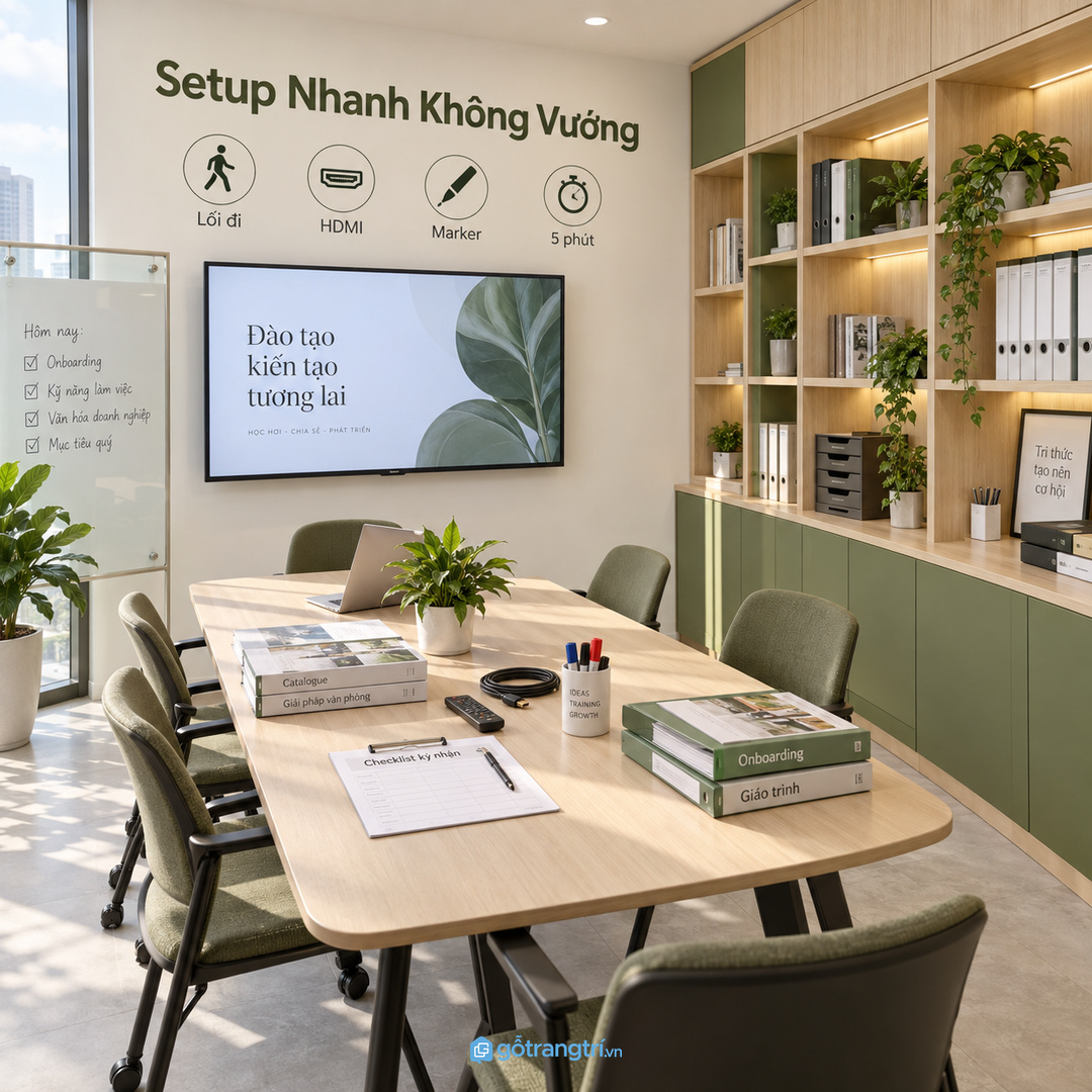 Giáo trình và phiếu hướng dẫn để rải trên bàn họp làm phòng đào tạo nhanh rối