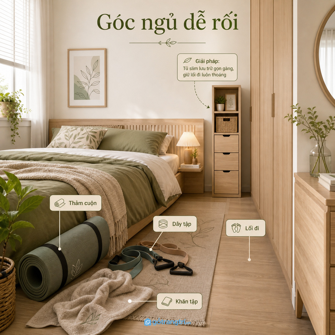 Thảm và dây tập để cạnh giường làm phòng ngủ nhanh rối