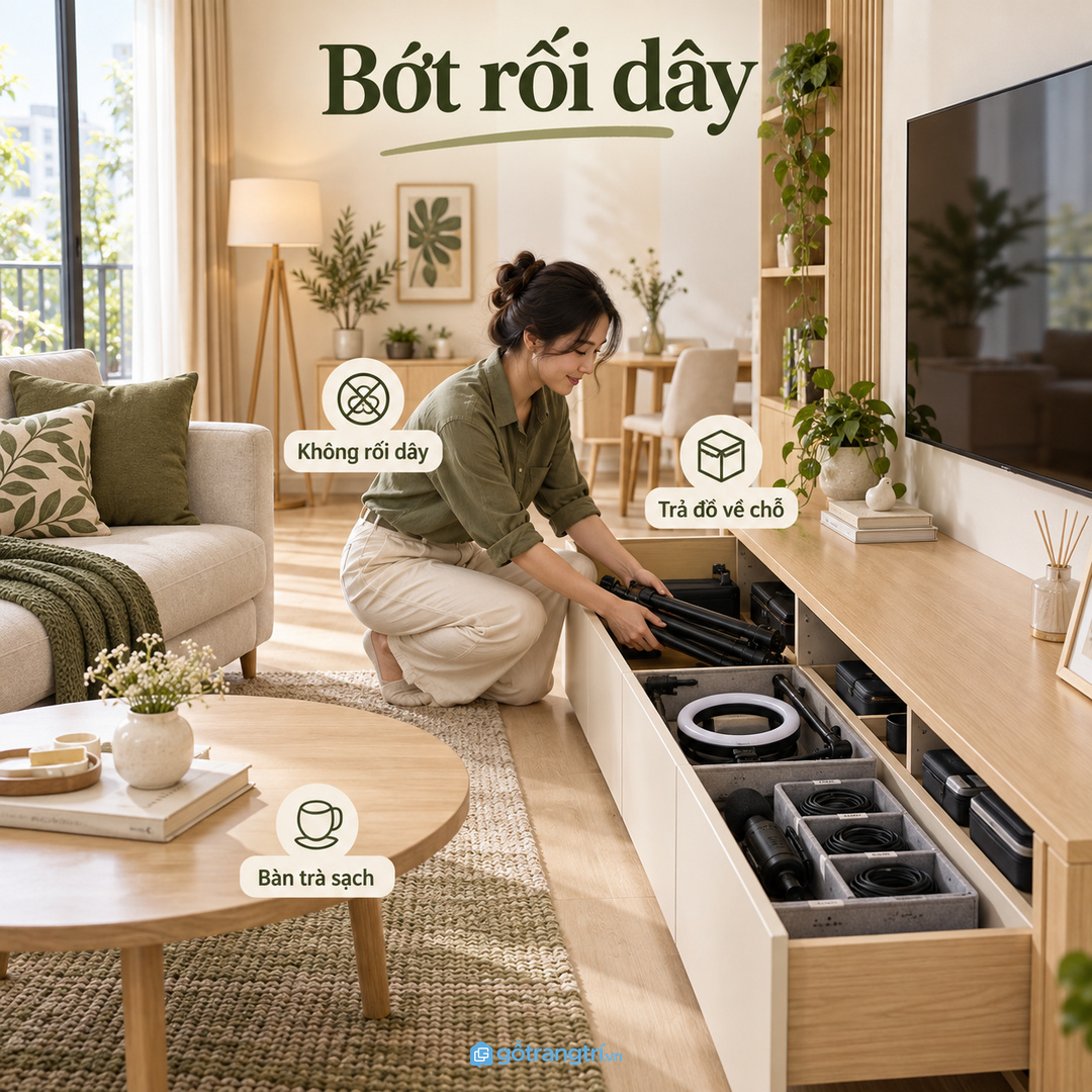 Đèn, tripod và dây quay nếu để tạm sẽ làm phòng khách rối sau mỗi lần quay