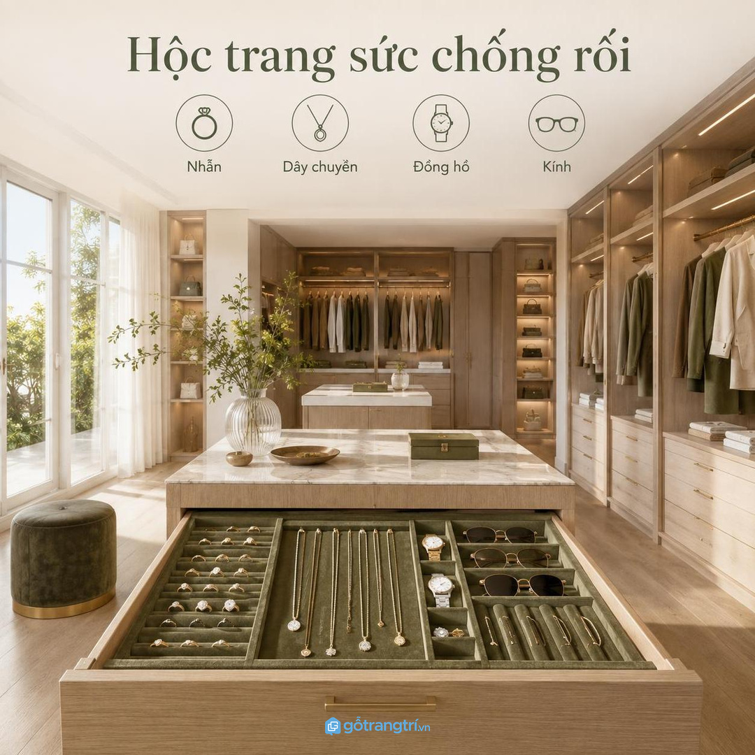 Hộc trang sức nhỏ cần chia ngăn để nhẫn, dây chuyền và đồng hồ không bị rối