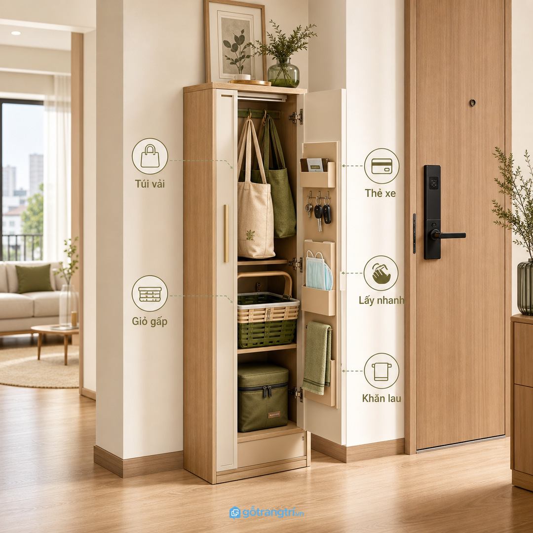 Túi đi chợ nhỏ nhưng dễ làm lối vào căn hộ rối nếu không có chỗ cất riêng