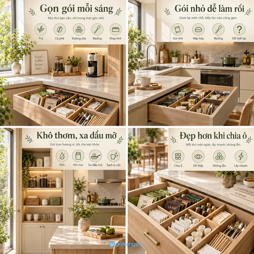 Gói nhỏ để rải rác khiến mặt bếp nhanh rối và dễ thất lạc