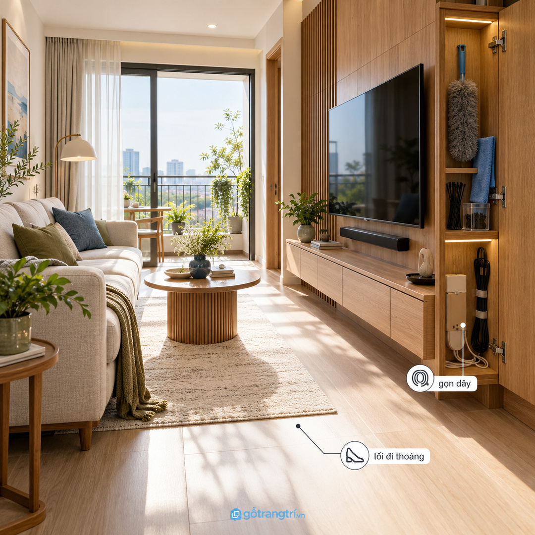 Lối đi trước sofa vẫn thoáng khi khoang vệ sinh tivi được đặt đúng vị trí