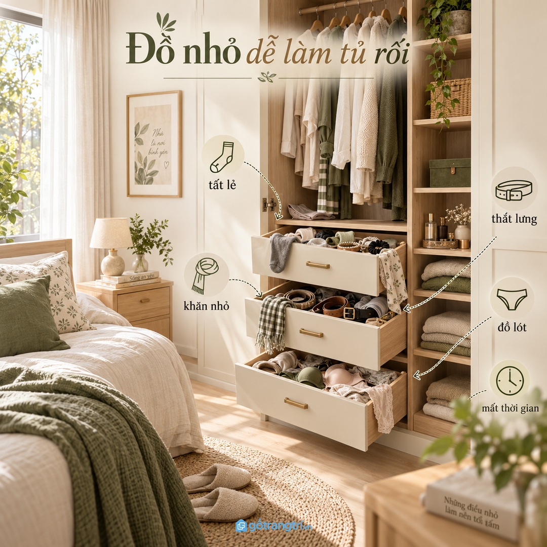 Đồ nhỏ làm tủ áo rối nhanh hơn áo quần lớn nếu không có hộc riêng