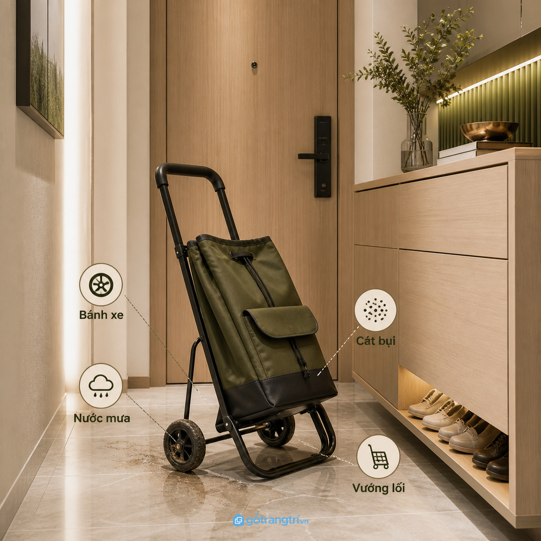 Xe đẩy nhỏ nhưng bánh xe ướt bụi rất dễ làm lối vào căn hộ bẩn