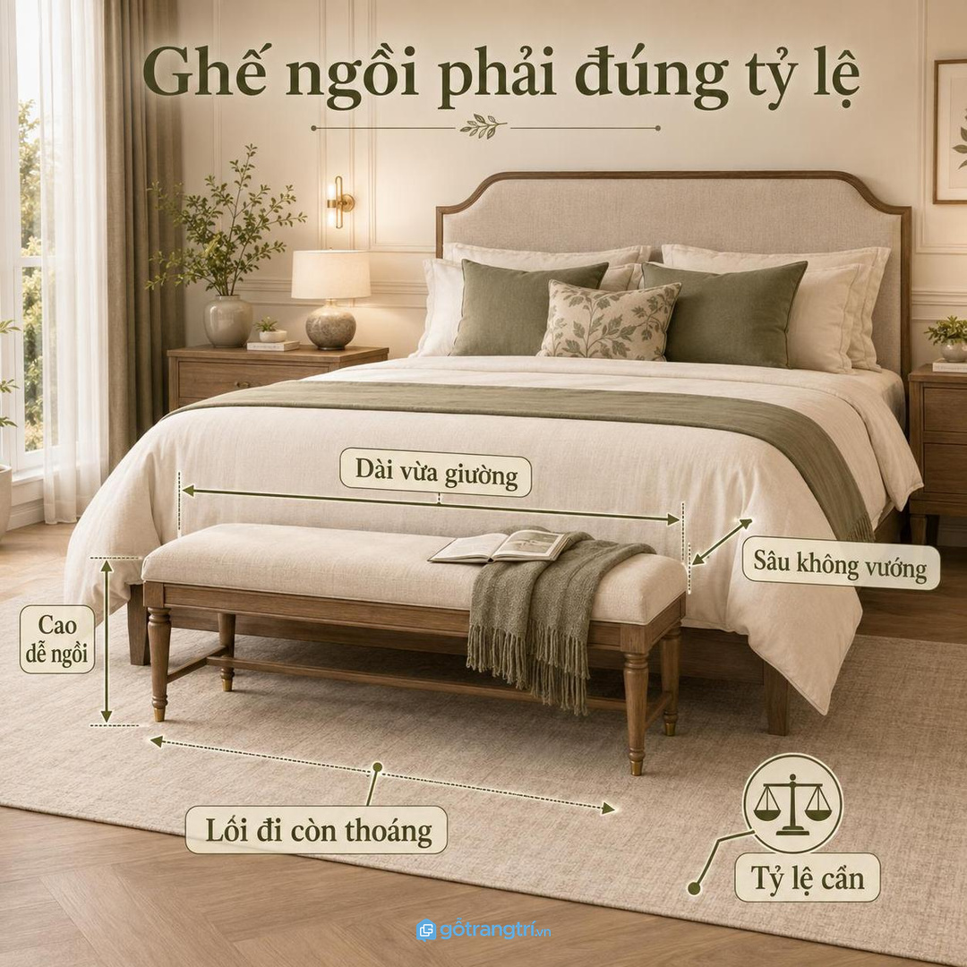 Ghế cuối giường cần đúng tỷ lệ để không dài quá giường, không sâu quá lối đi