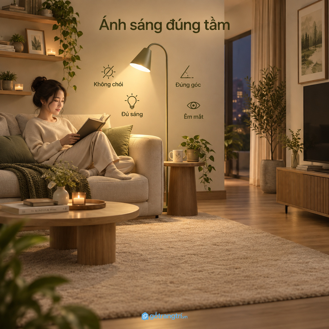 Ánh sáng đọc sách cần đúng tầm mắt và không gây chói màn hình tivi