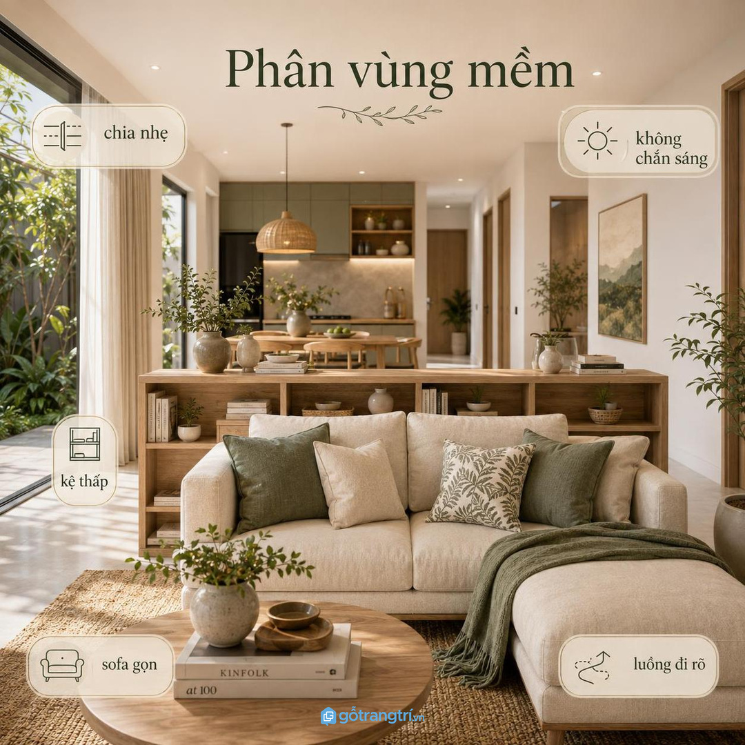 Khoảng sau sofa có thể thành điểm lưu trữ mỏng nếu đo đúng lối đi