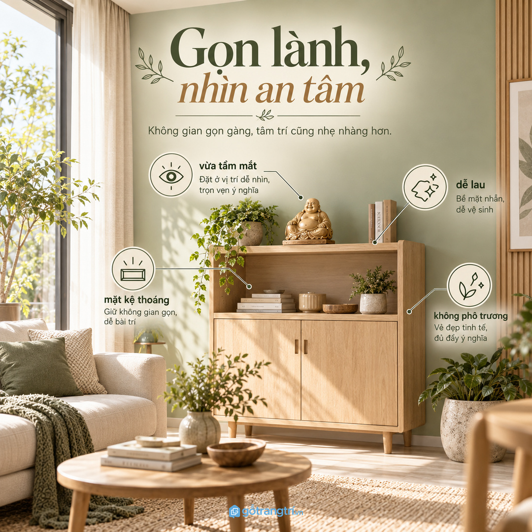 Kệ đúng tầm mắt giúp góc phong thủy nhẹ nhàng và dễ an tâm hơn