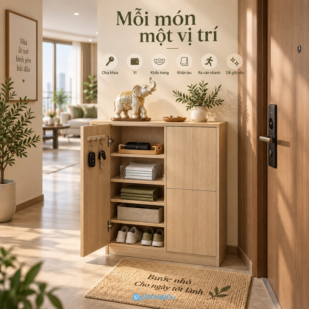 Mỗi món một vị trí giúp cửa nhà gọn hơn sau mỗi lần ra vào