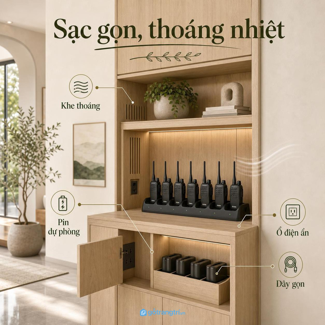 Dock sạc bộ đàm cần khe thoáng ổ điện ẩn pin dự phòng và dây gọn