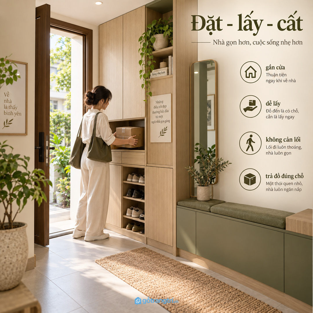 Tủ đặt gần luồng ra vào giúp thao tác đặt, lấy và cất lại diễn ra tự nhiên hơn