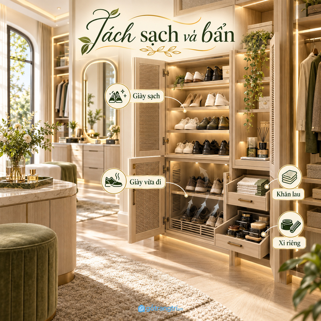Tách giày sạch giày vừa đi khăn lau và xi riêng giúp phòng thay đồ ít ám mùi