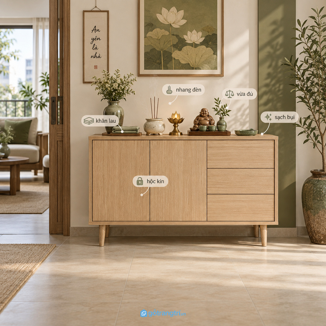 Tủ đúng vị trí giúp vật phẩm có điểm đặt trang trọng nhưng không làm phòng khách rối
