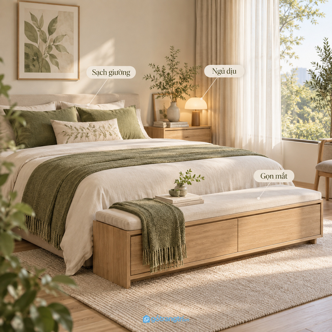 Tủ cuối giường giúp bộ thay có chỗ riêng mà không làm nặng đầu giường