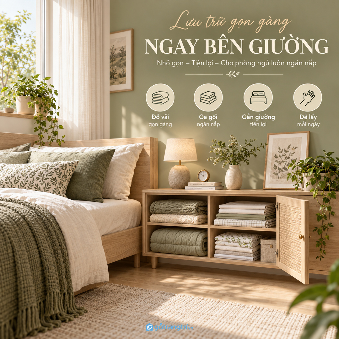 Tủ gần giường giúp thao tác thay ga nhẹ hơn và ít phải đi tìm đồ