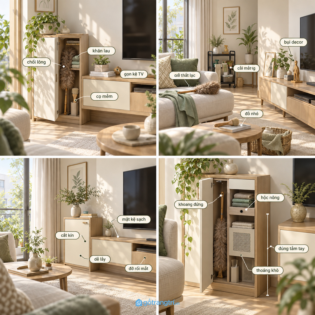 Tủ kín giúp mặt kệ tivi sạch hơn nhưng dụng cụ lau bụi vẫn dễ lấy