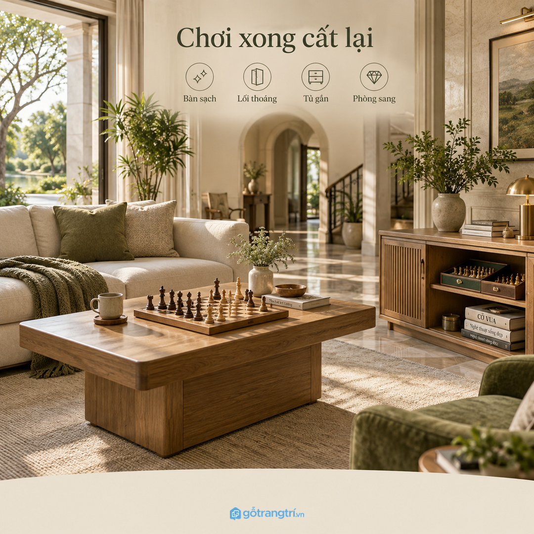 Góc chơi cờ đẹp hơn khi tủ cất đồ không lấn át bàn cờ